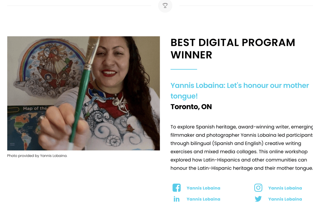 BEST DIGITAL PROGRAM WINNER
CULTURE DAYS,
https://onculturedays.ca/2022-carolyn-spotlight-recognition/