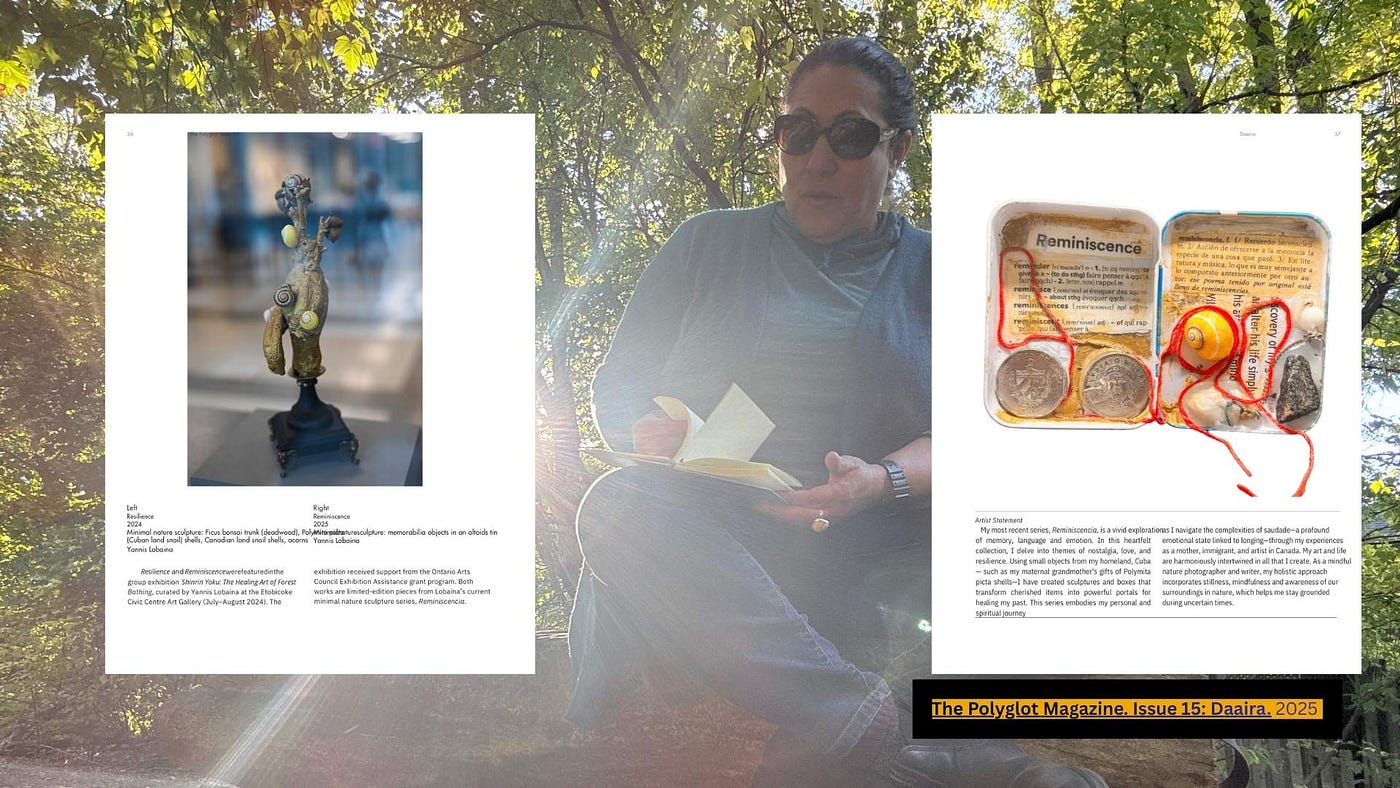 Author Yannis Lobaina in the middle of her two most recently pieces published on Polyglot Magazine.